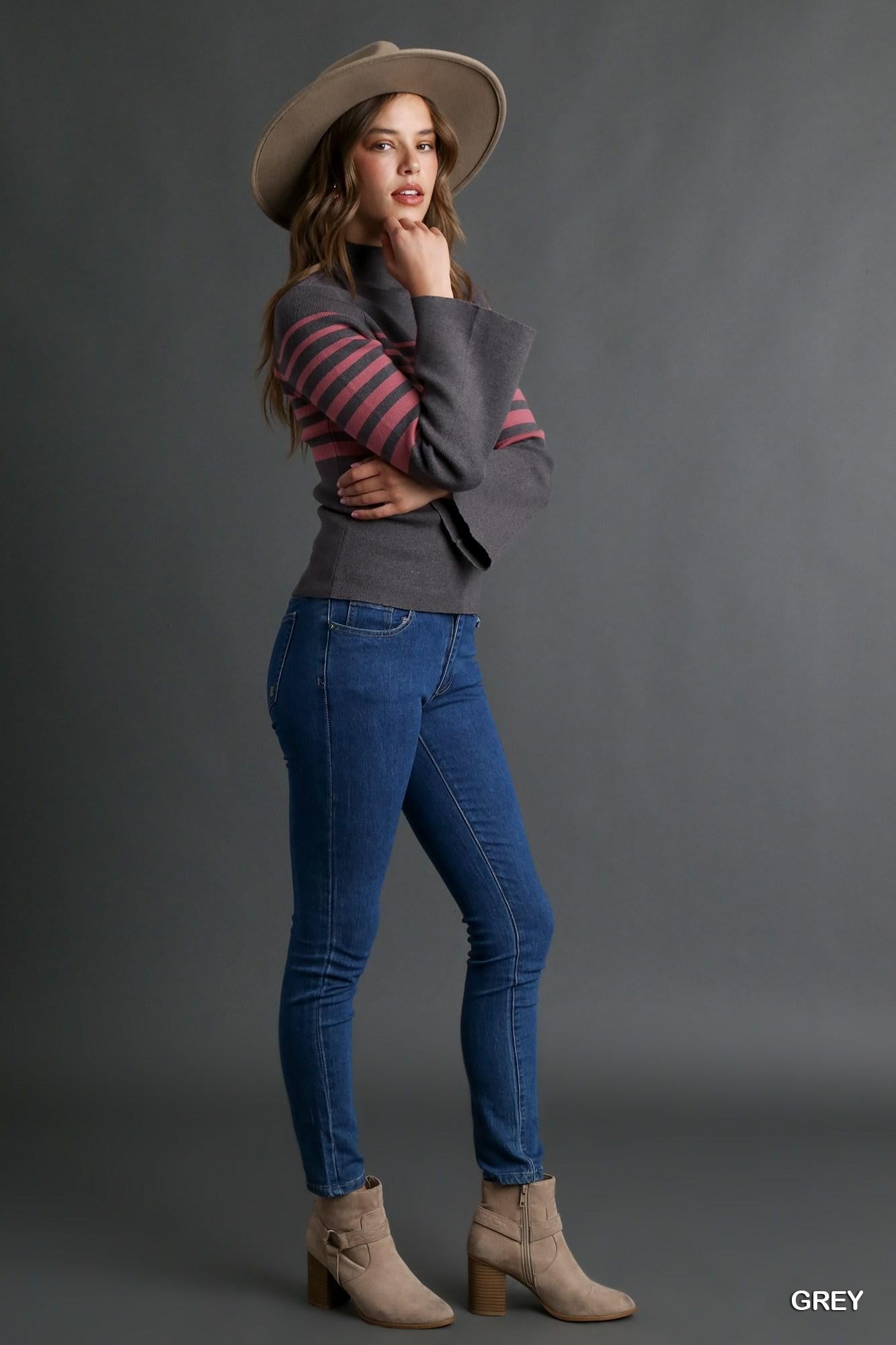 Umgee Mock Neck Stripe Knit Top with Bell Sleeves