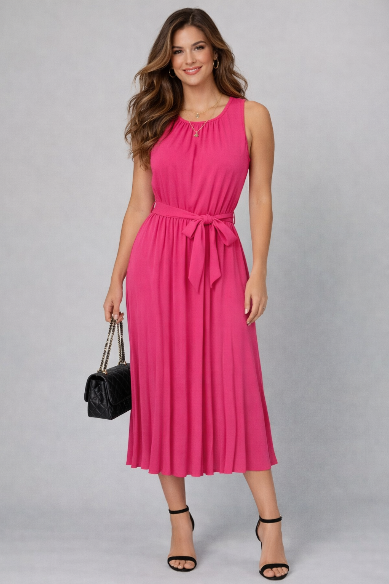 Self Sash Pleated Midi Dress - Fuchsia