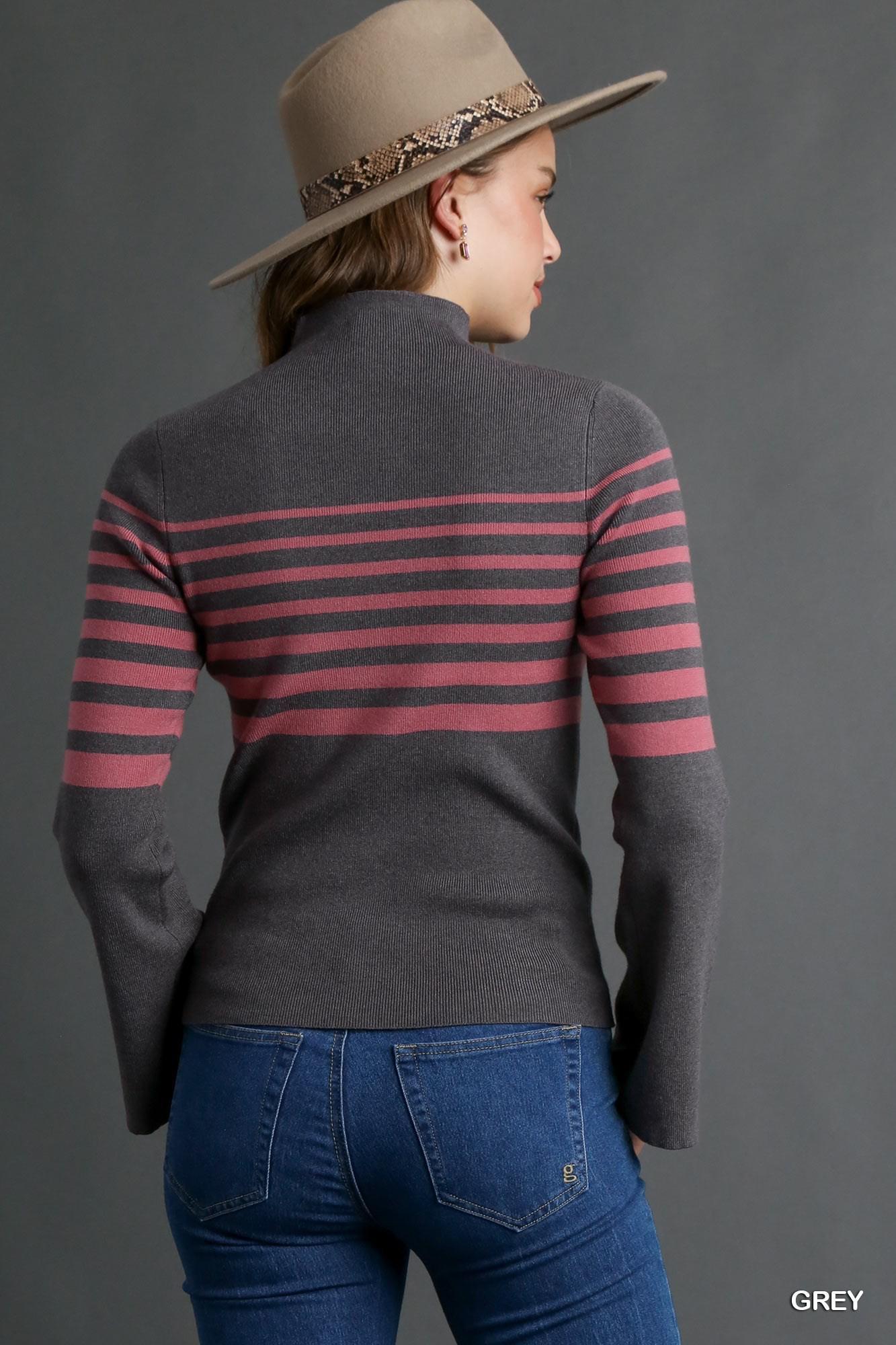 Umgee Mock Neck Stripe Knit Top with Bell Sleeves