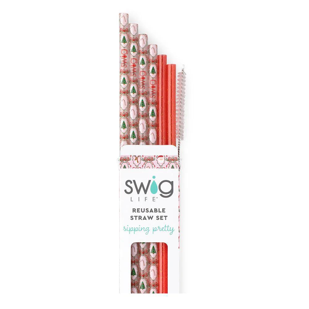 SWIG CHRISTMAS CAMEOS + RED GLITTER REUSABLE STRAW SET