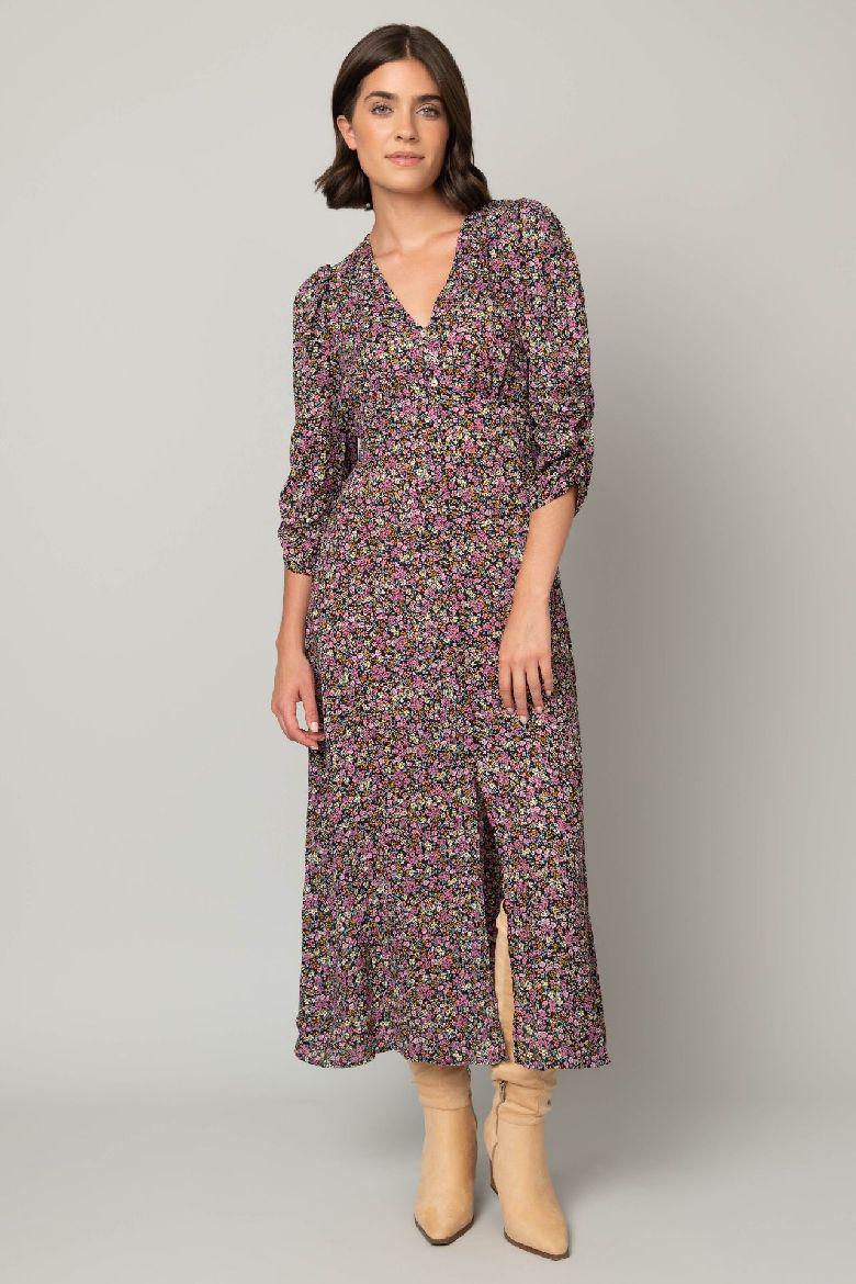 3/4 Sleeve Button Front Floral Maxi Dress