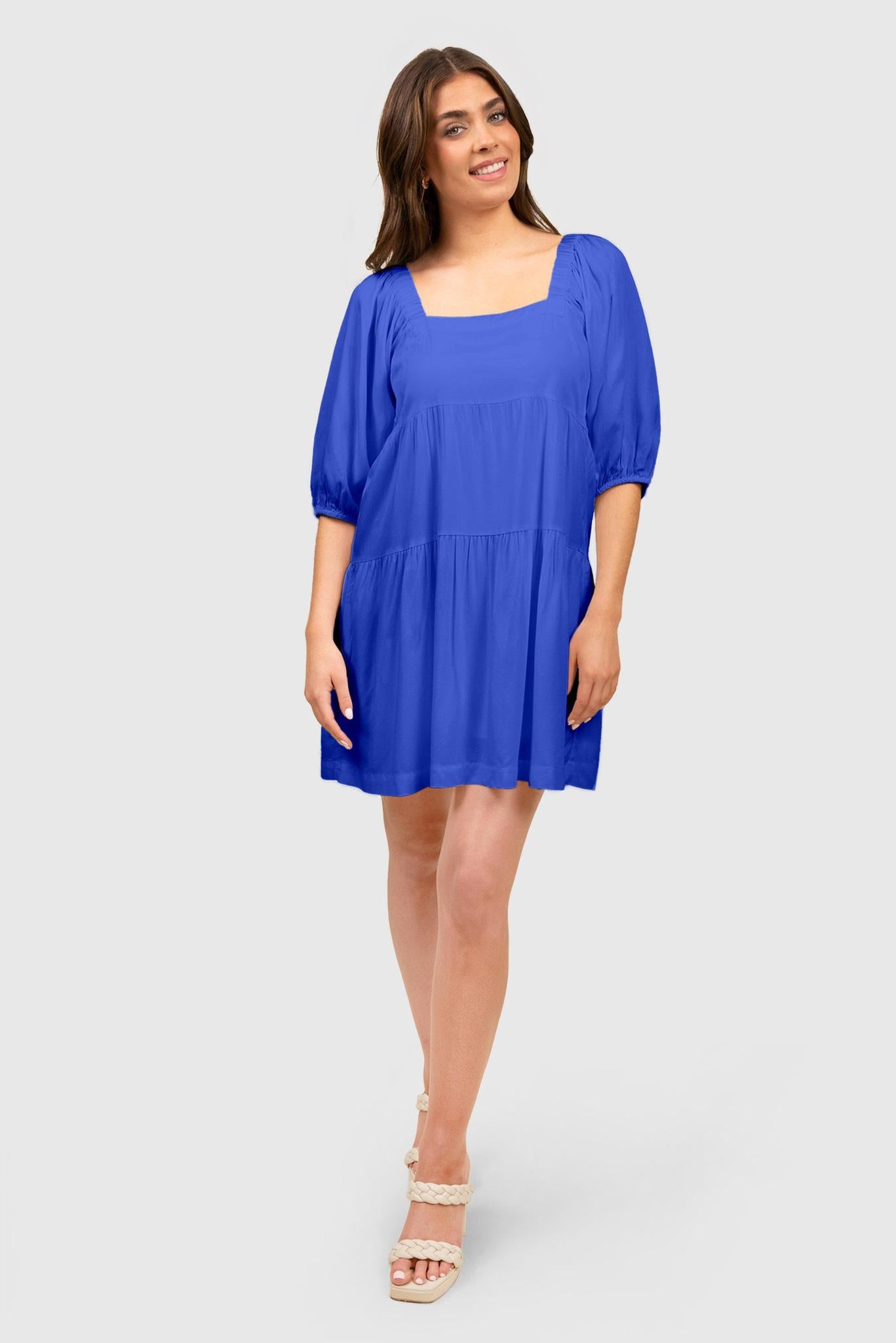 Twill Tiered Dress w/ Puff Sleeves