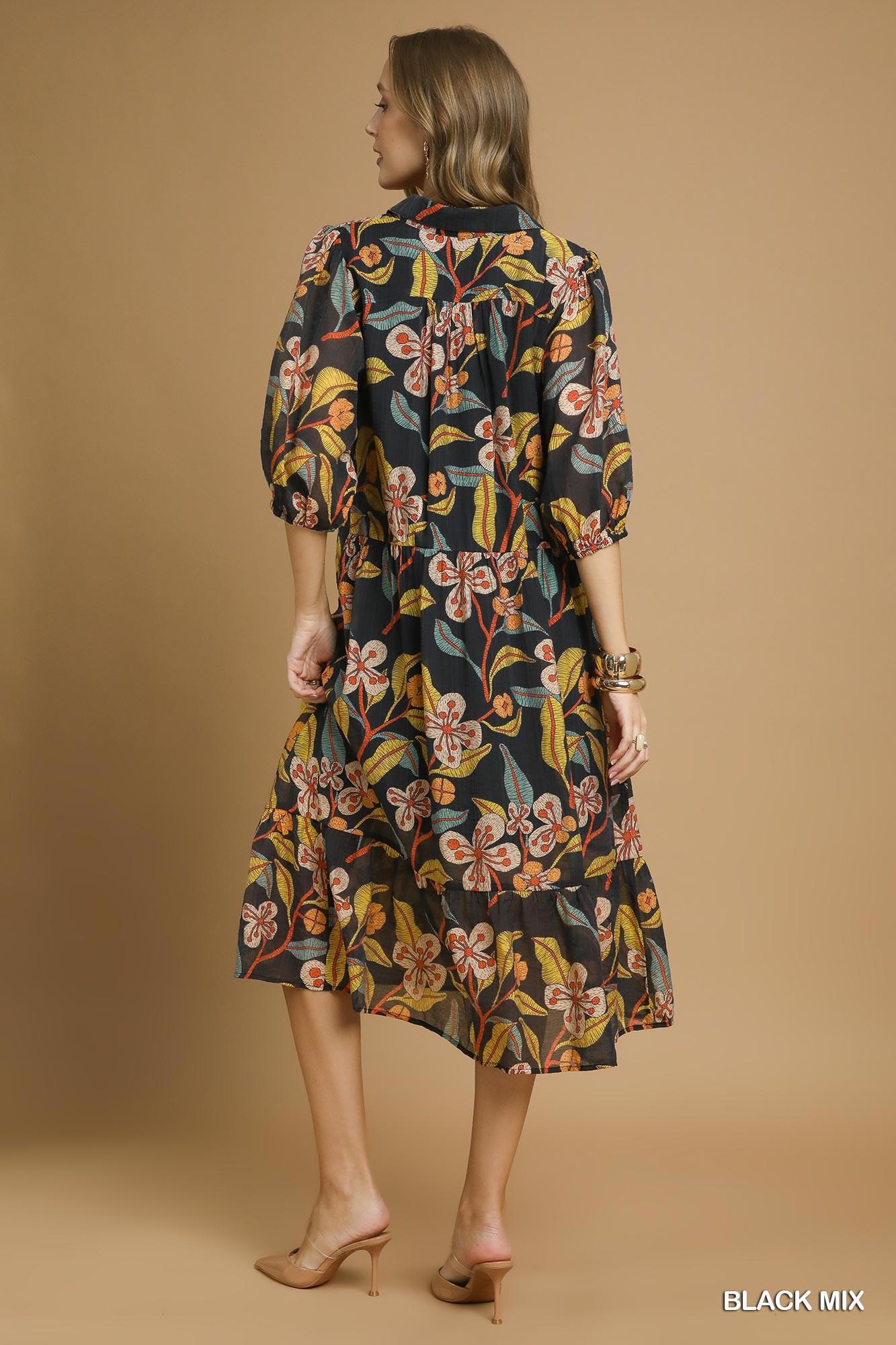 UMGEE Mixed Floral Print Tiered Midi Dress