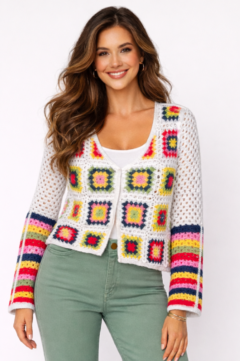 Patchwork Button Front Crochet Cardigan