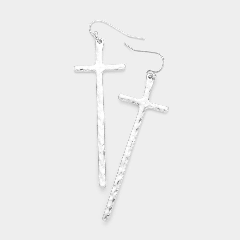 Hammered Metal Cross Dangle Earrings