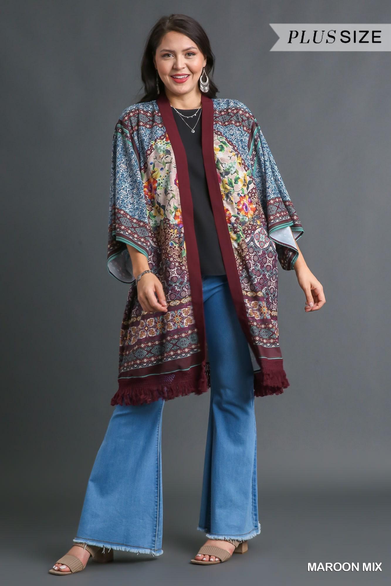UMGEE Open Front Print Kimono with Fringe