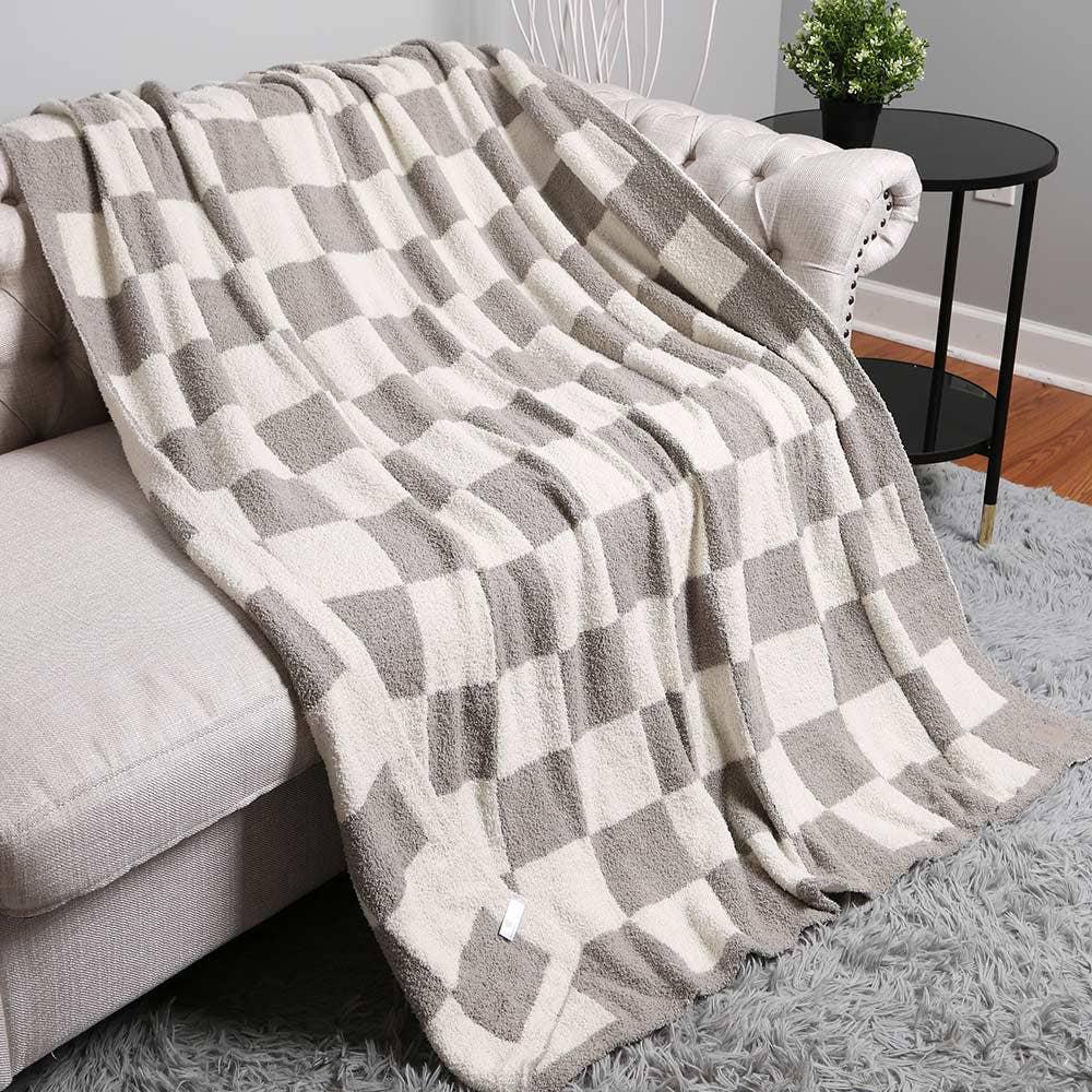 Reversible Checkerboard Patterned Throw Blanket - GREY, PINK OR BEIGE