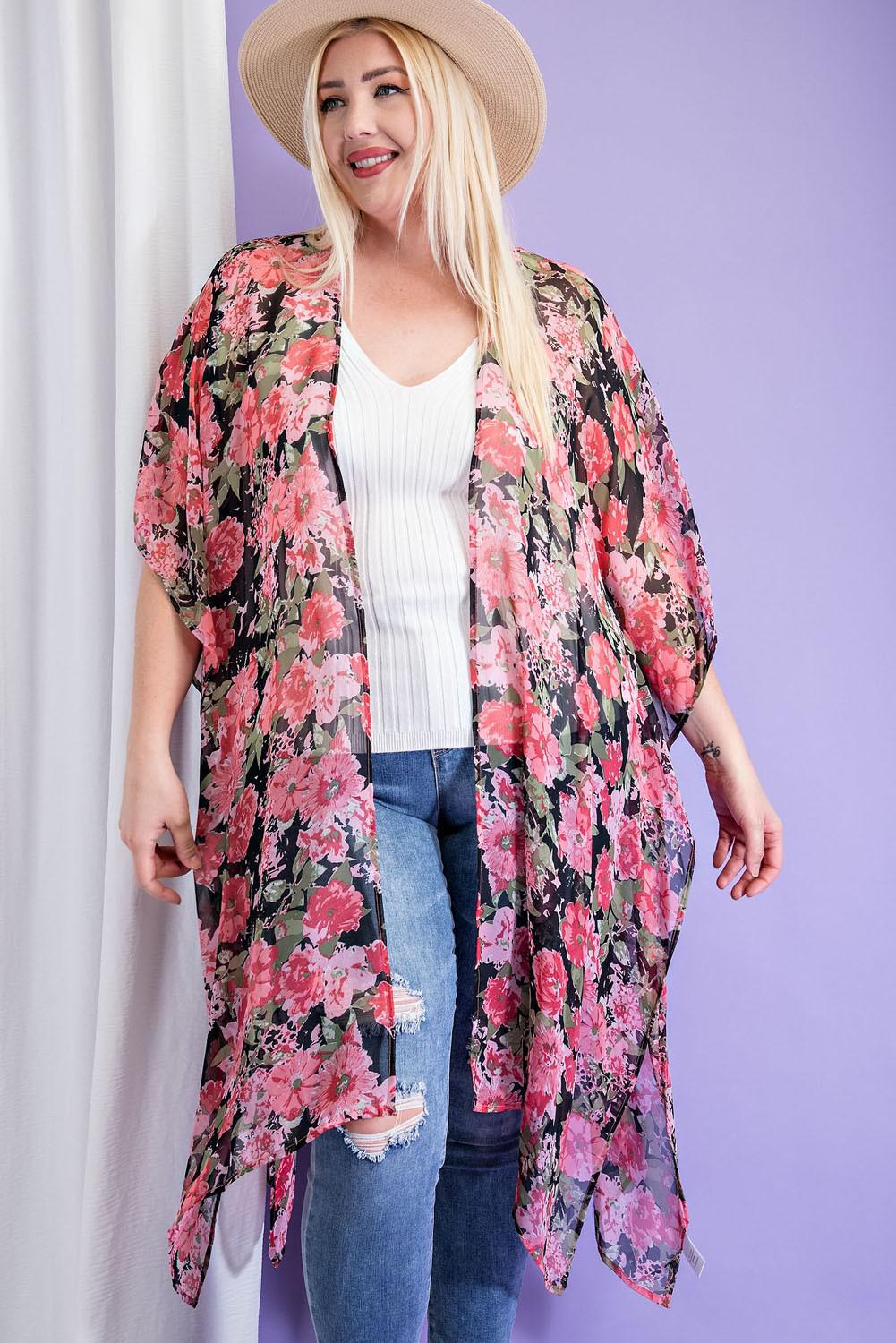 Flower Print Long Kimono PLUS SIZE PJK7182