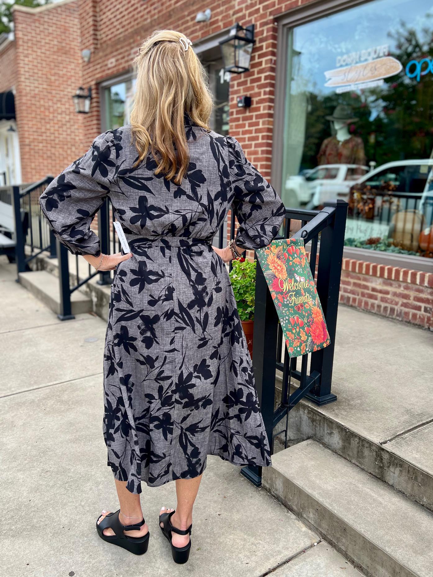 Black & Gray Floral Puff Sleeve Maxi Dress