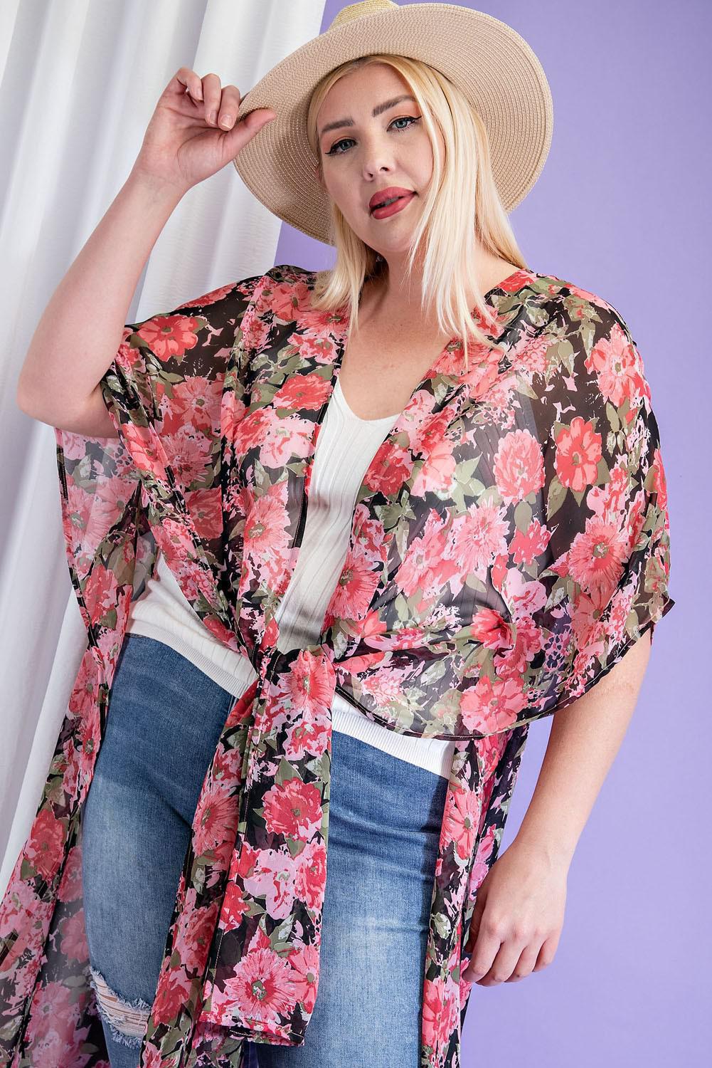Flower Print Long Kimono PLUS SIZE PJK7182