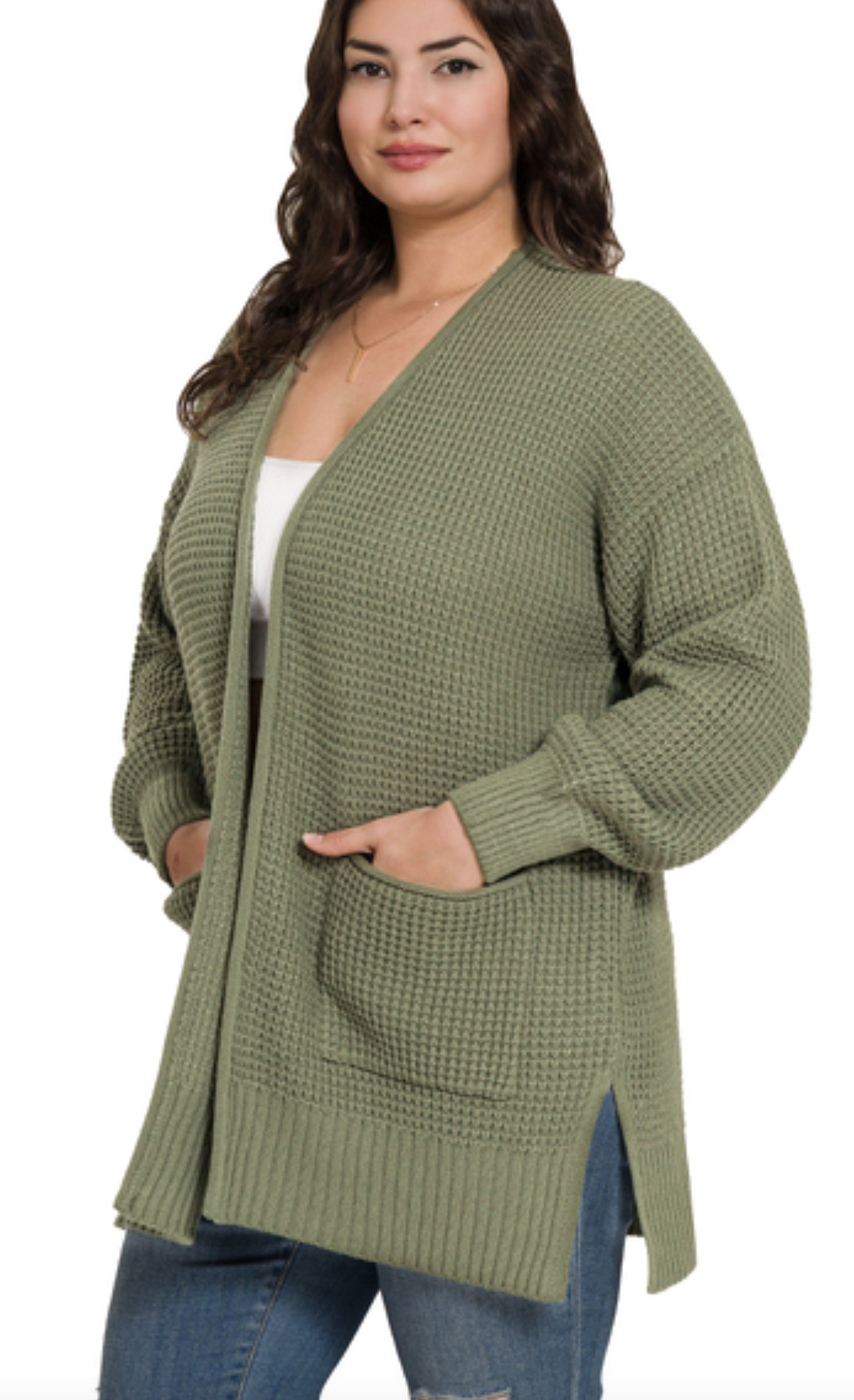 ZENANA PLUS LOW GAUGE WAFFLE OPEN CARDIGAN SWEATER
