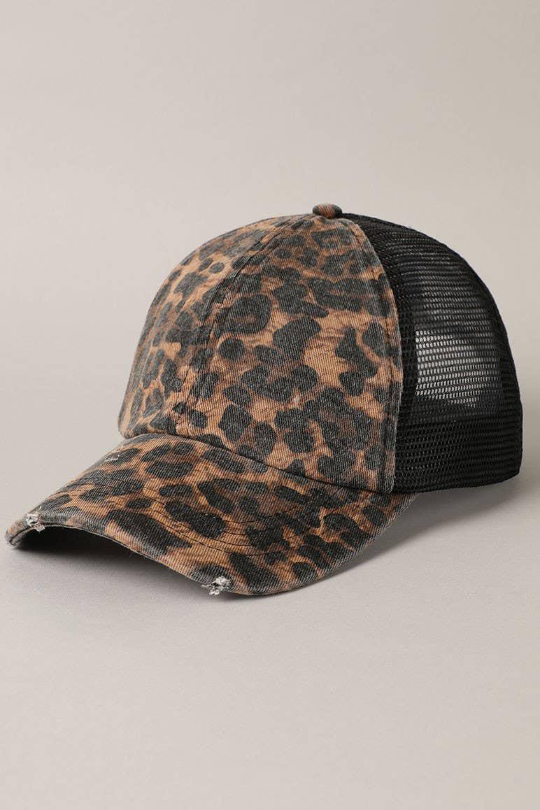 Leopard Print Distressed Mesh Back Baseball Cap