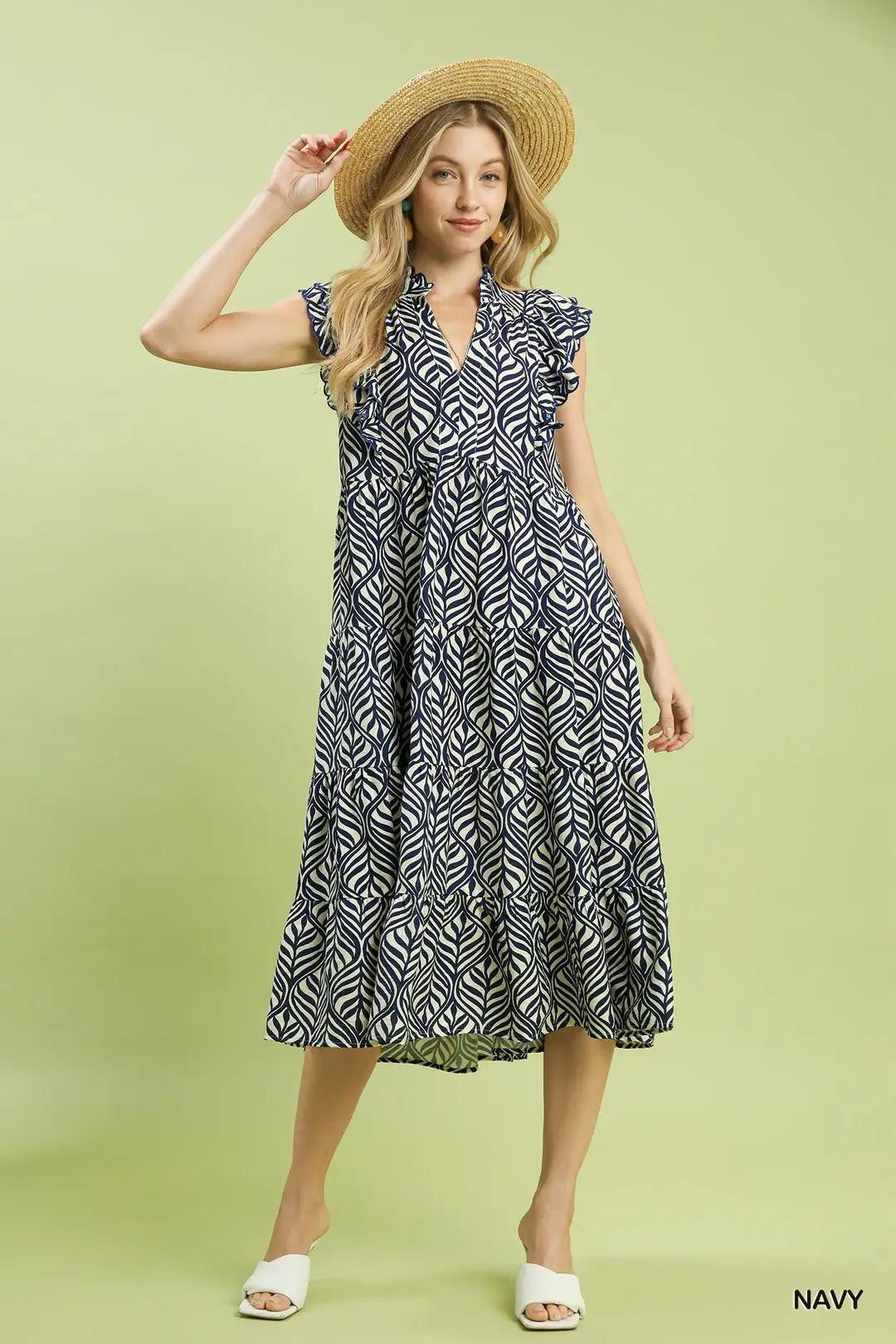 navy tiered midi dress Leaf Print Tiered Midi Dress Navy