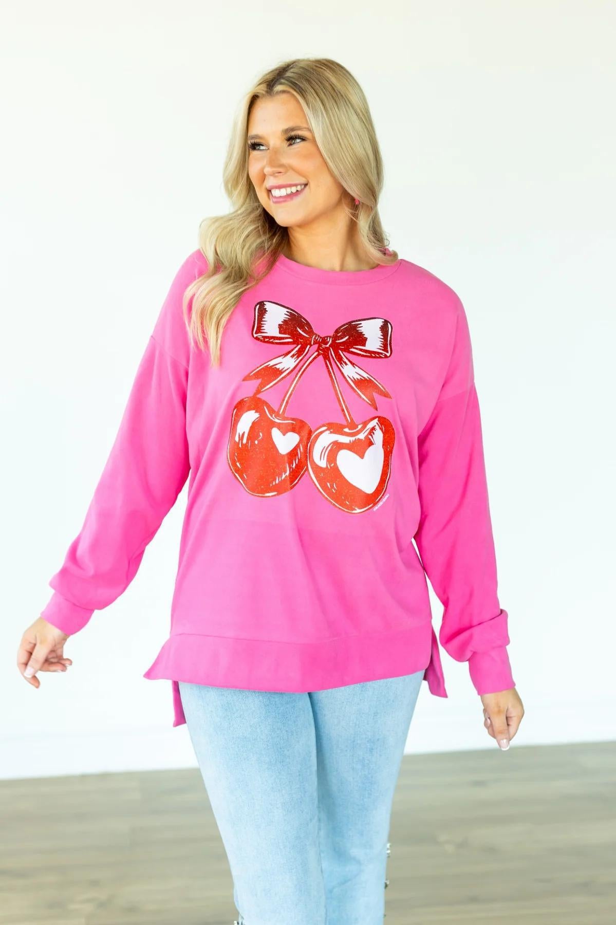 HEART CHERRIES ON PINK SWEATSHIRT