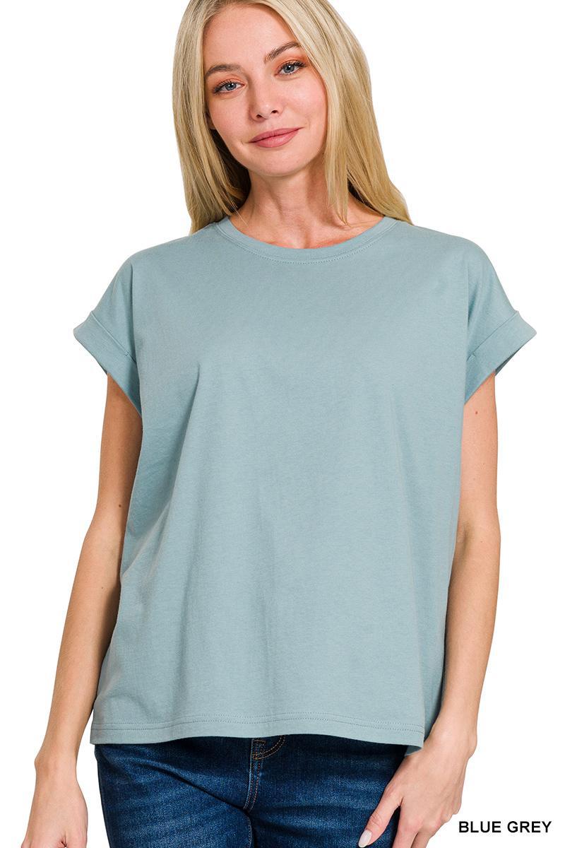 ZENANA CT-3381Y Round Neck Folded Short Sleeve