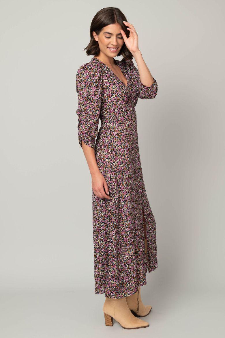 3/4 Sleeve Button Front Floral Maxi Dress