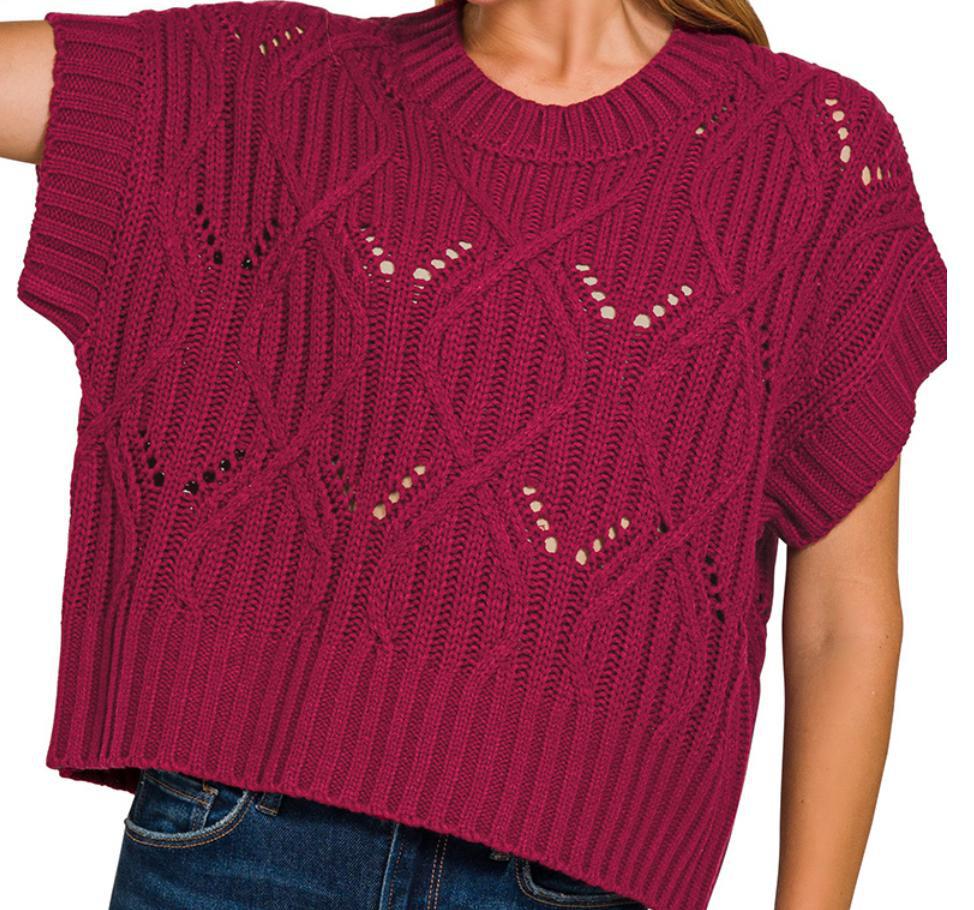 ZENANA TW-2596Y Cable Knit Short Sleeve Sweater