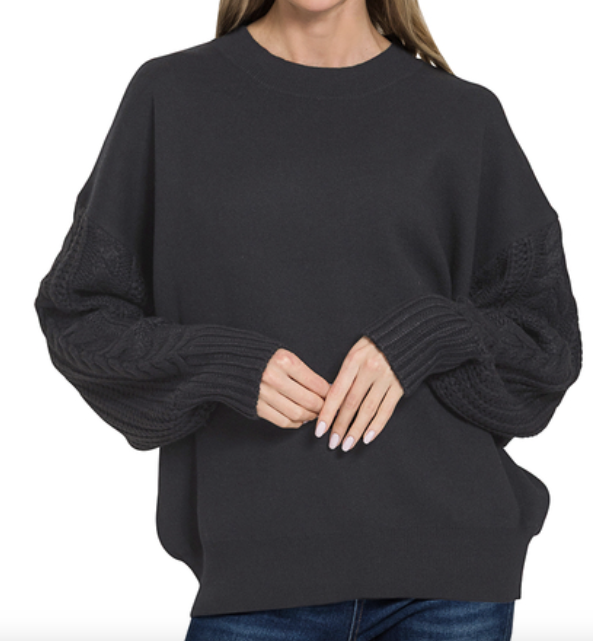 ZENANA CABLE KNIT SLEEVE ROUND NECK SWEATER