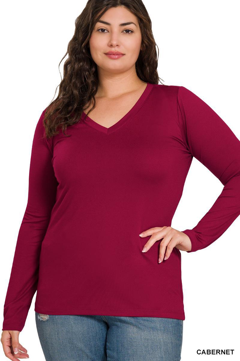 Zenana PLUS BRUSHED MICROFIBER LONG SLEEVE V-NECK TEE