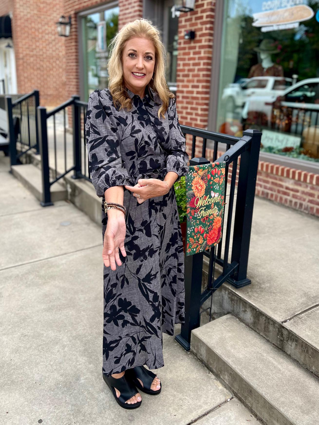 Black & Gray Floral Puff Sleeve Maxi Dress