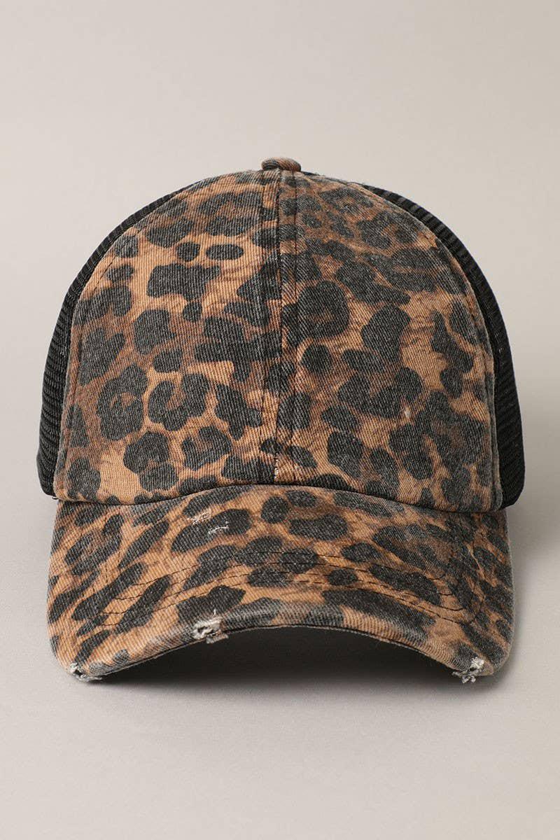 Leopard Print Distressed Mesh Back Baseball Cap