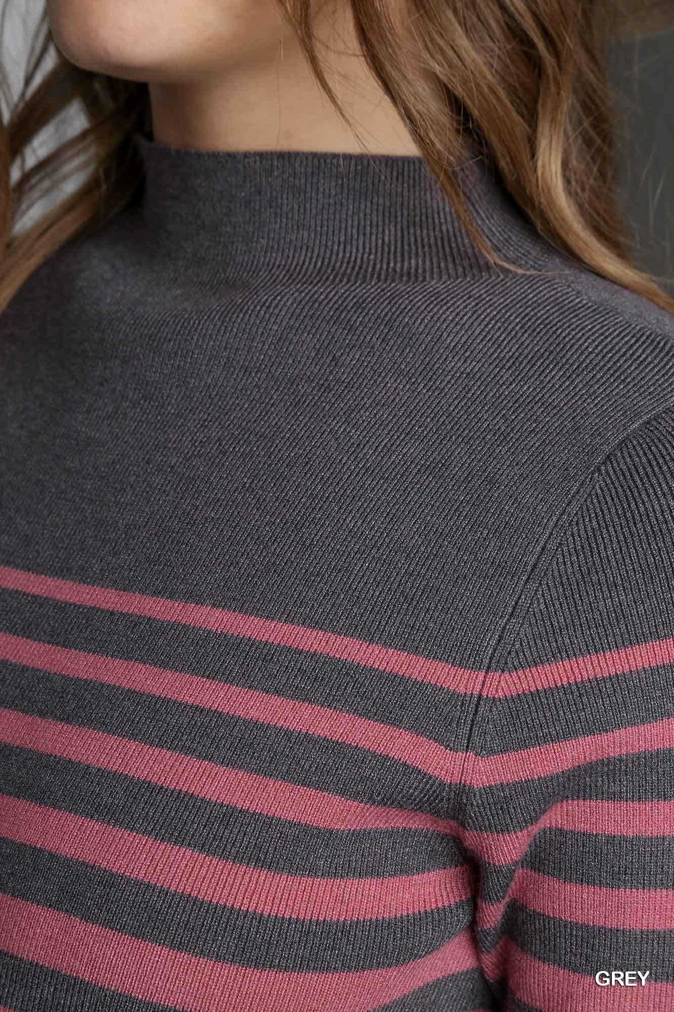 Umgee Mock Neck Stripe Knit Top with Bell Sleeves