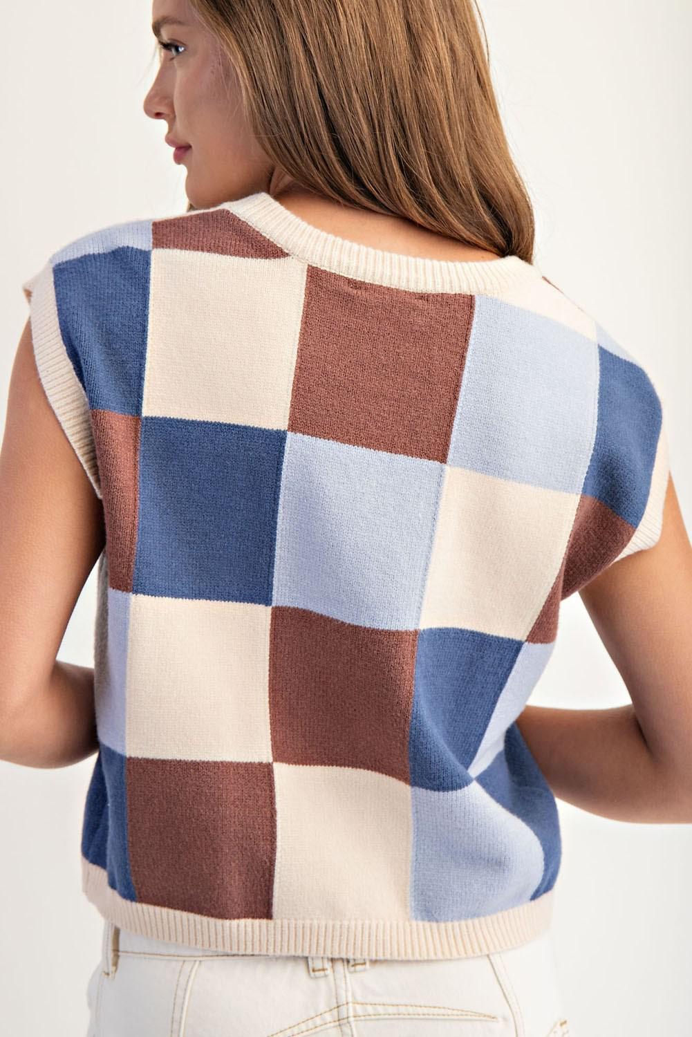 Checker Print Sleeveless Sweater Top