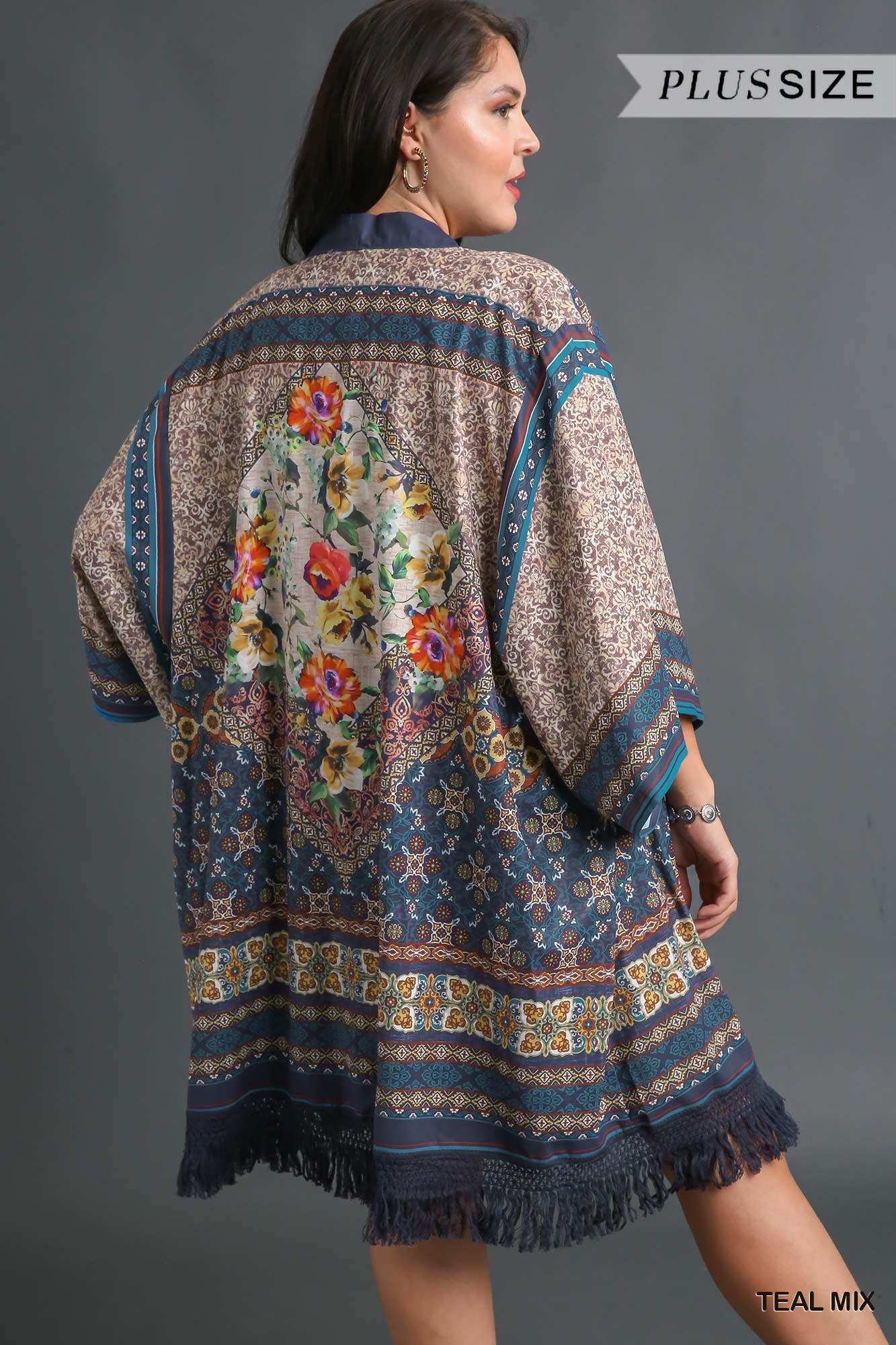 UMGEE Open Front Print Kimono with Fringe