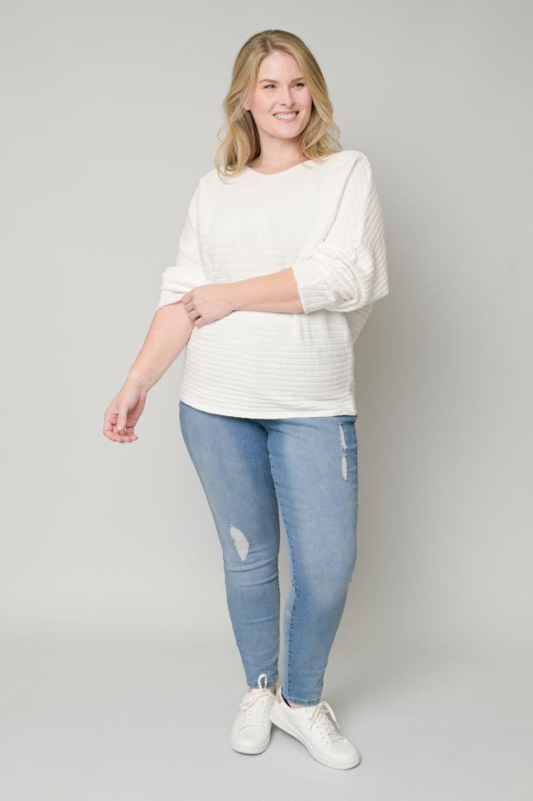 Heart of Pine - Winter White Ribbed Boatneck Dolman Sleeve Sweater - Curvy