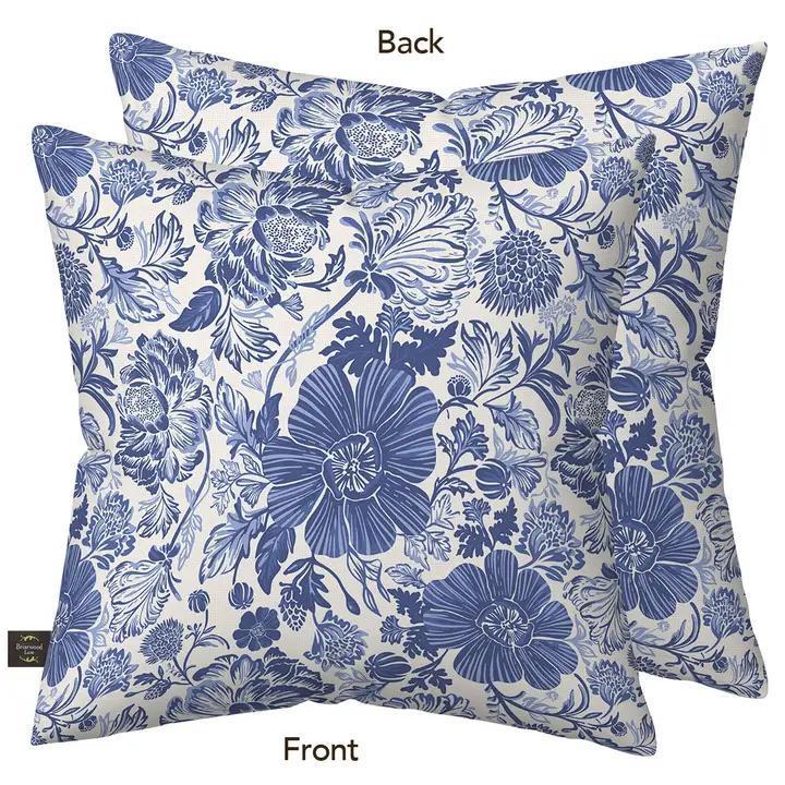 Blue and White Floral Burlap Indoor/Outdoor Pillow