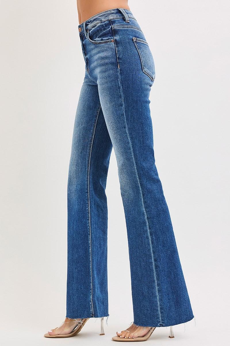 RISEN PF21424 DARK HIGH RISE FLARE JEANS WITH RAW CUT HEM