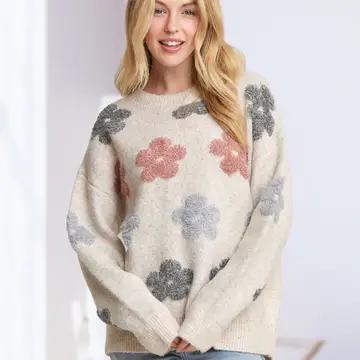 LONG SLEEVE PUFF FLOWER COMFY SWEATER