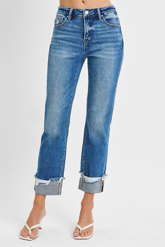 RISEN RDP5877 HIGH RISE CROP STRAIGHT CUFFED JEANS