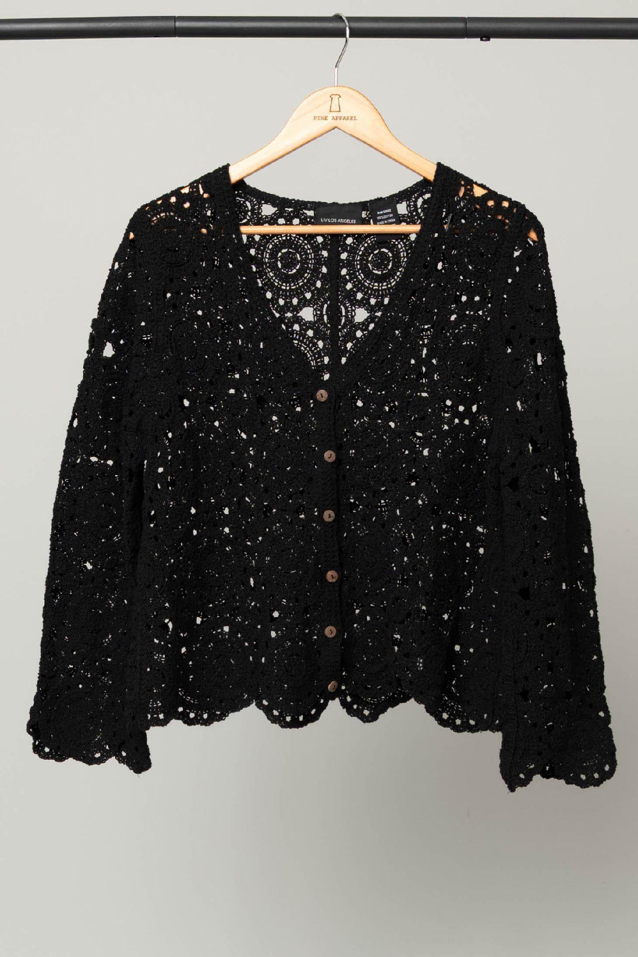 Black Crochet Button Front Cardigan