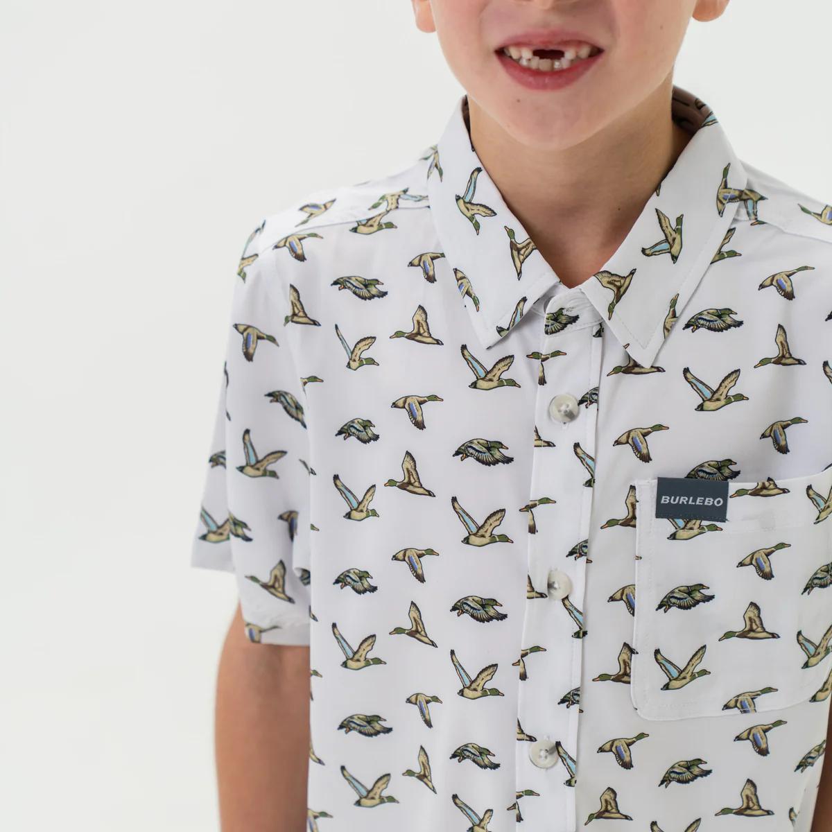 BURLEBO Youth Performance Button Up - Flying Mallard Ducks White