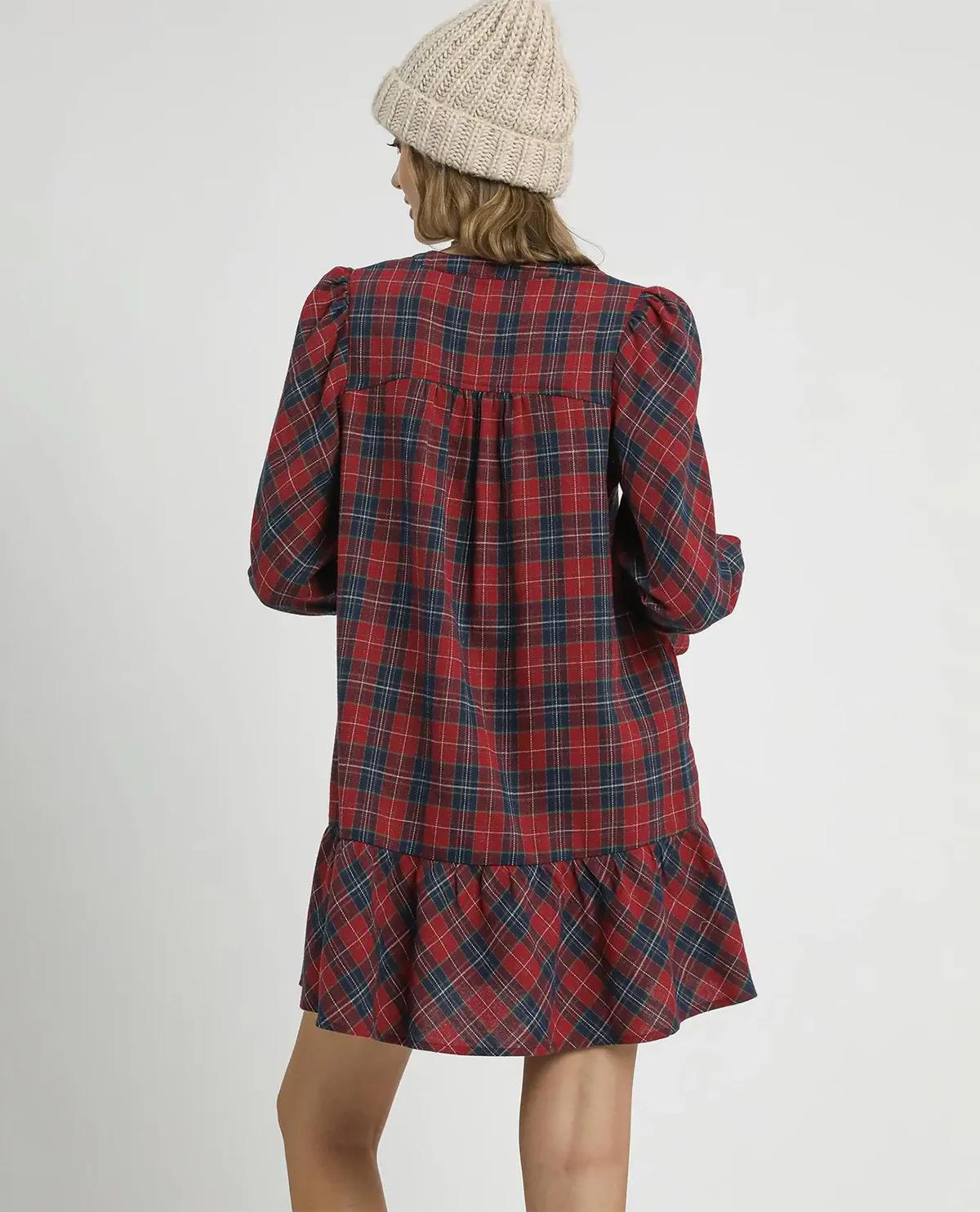 Umgee Mix Plaid Tiered Dress Long Sleeves with Smocked Cuffs