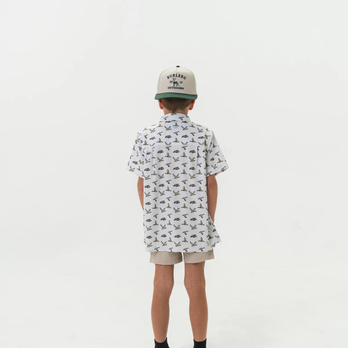 BURLEBO Youth Performance Button Up - Flying Mallard Ducks White