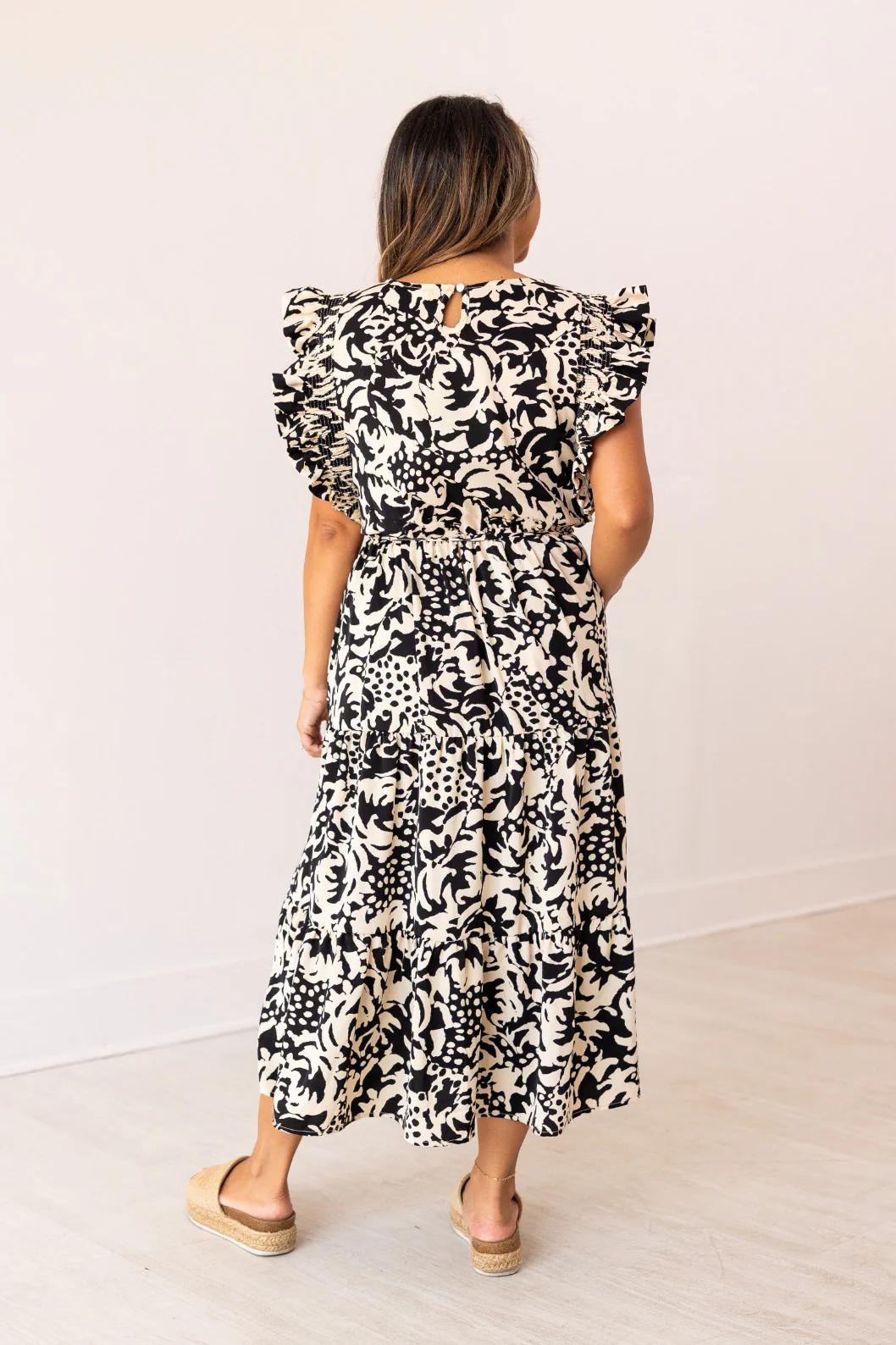 G&E 7933B Beige & Black Abstract Dress