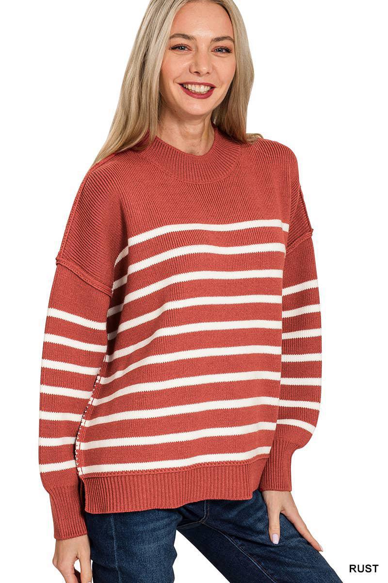 Zenana Exposed Seam Striped Oversized Sweater