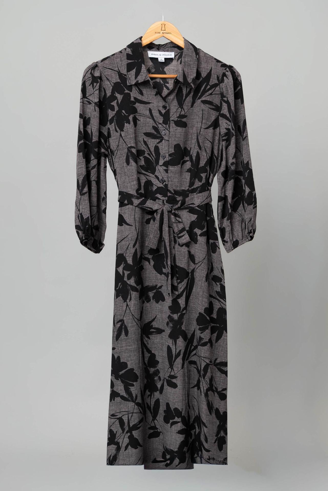 Black & Gray Floral Puff Sleeve Maxi Dress