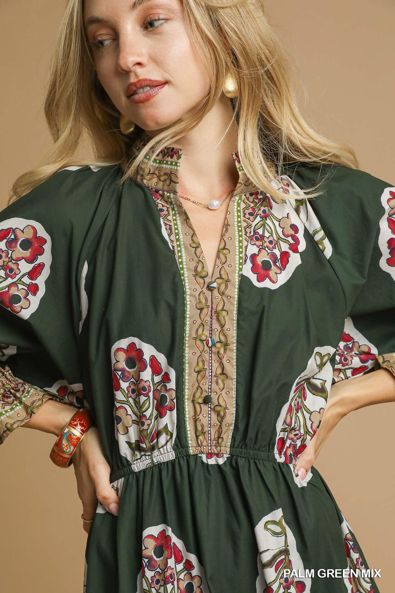 UMGEE Flower Patch Boarder Print V-Neck Midi Dress