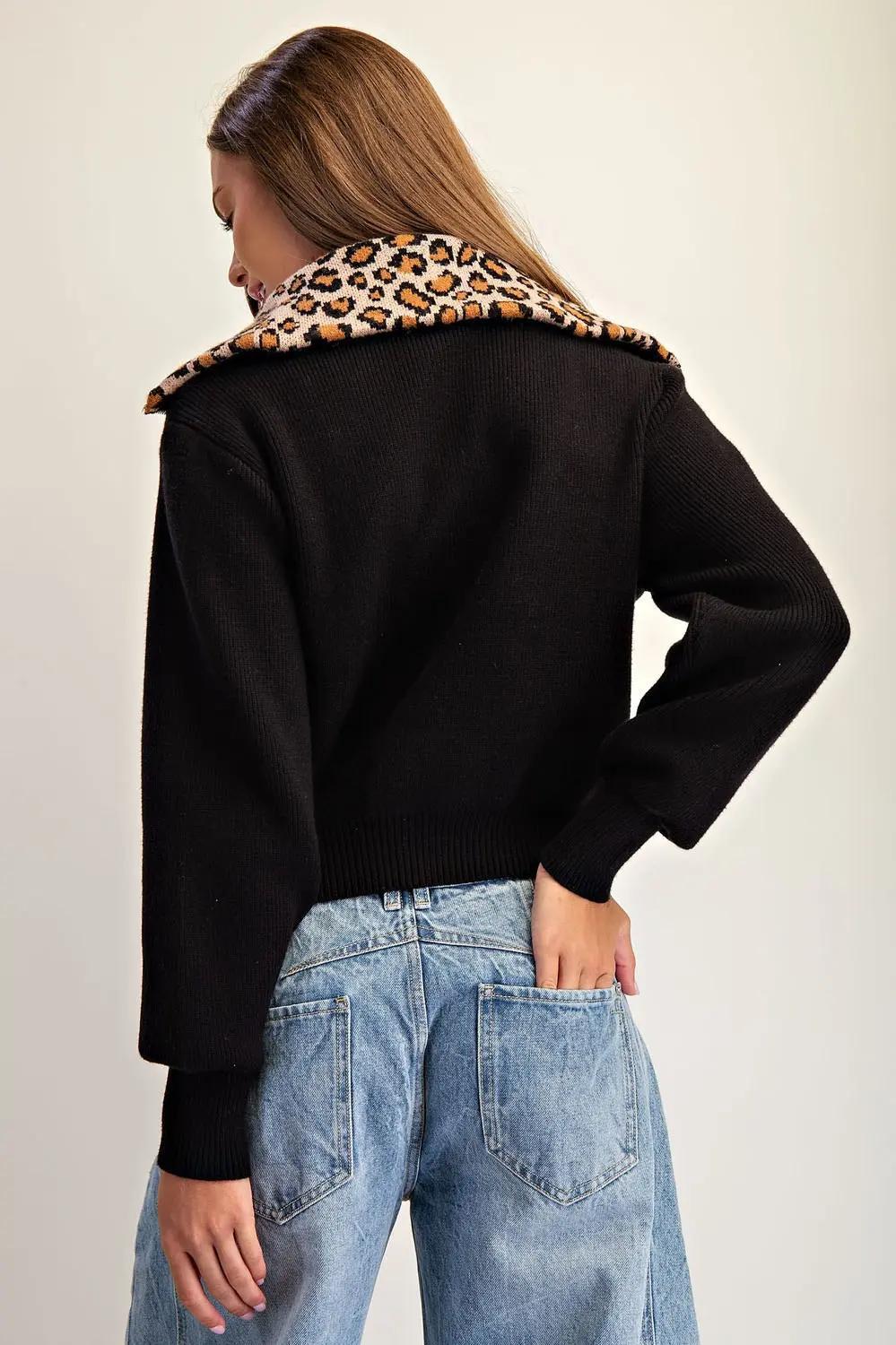 EE:SOME Leopard Collar Half Zipper Pullover Sweater