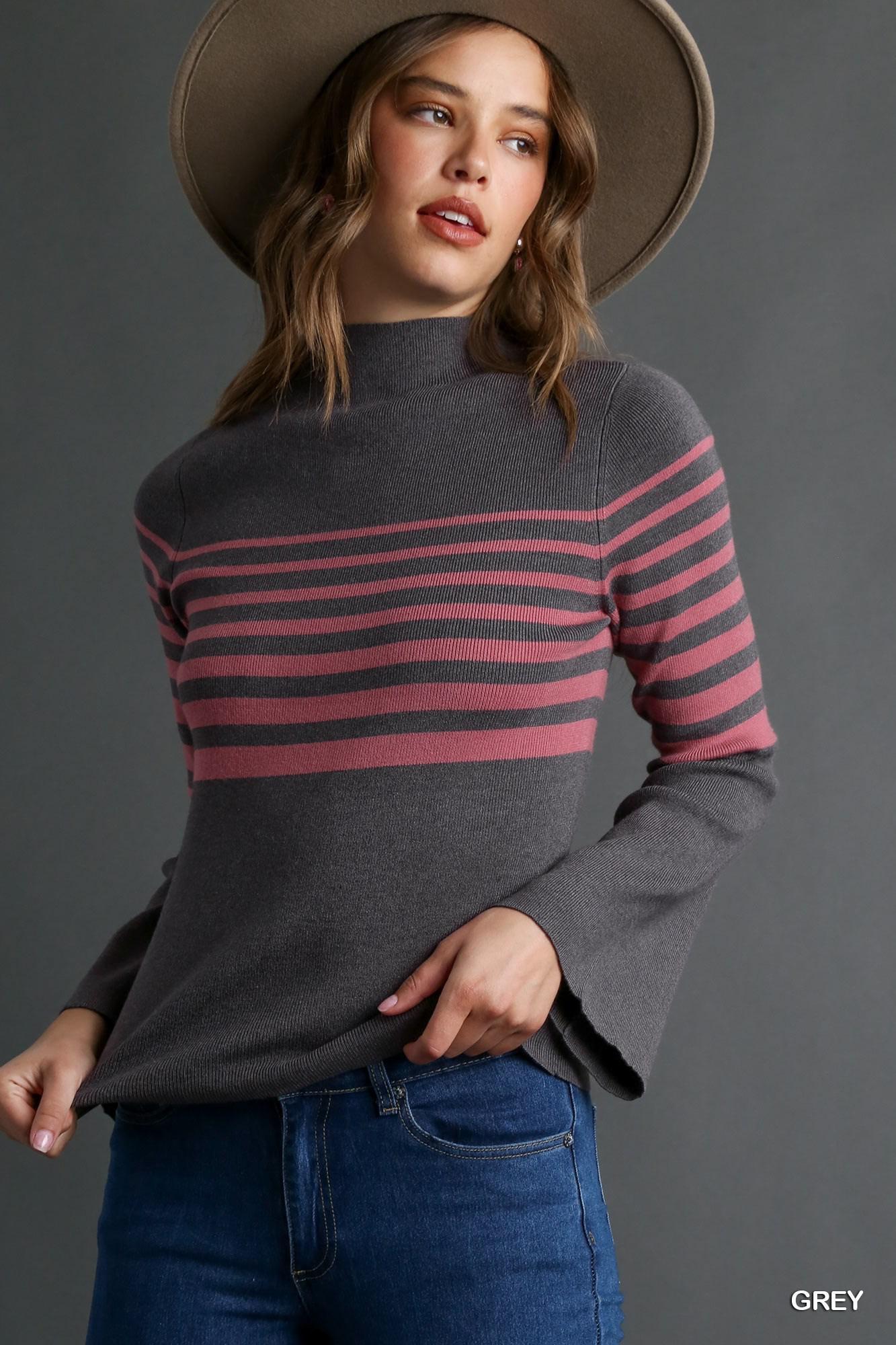 Umgee Mock Neck Stripe Knit Top with Bell Sleeves