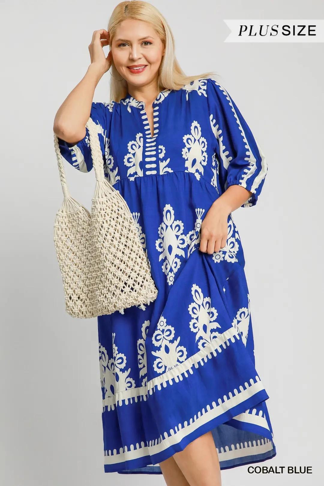 UMGEE Abstract Print Midi Dress Cobalt Blue – Boutique