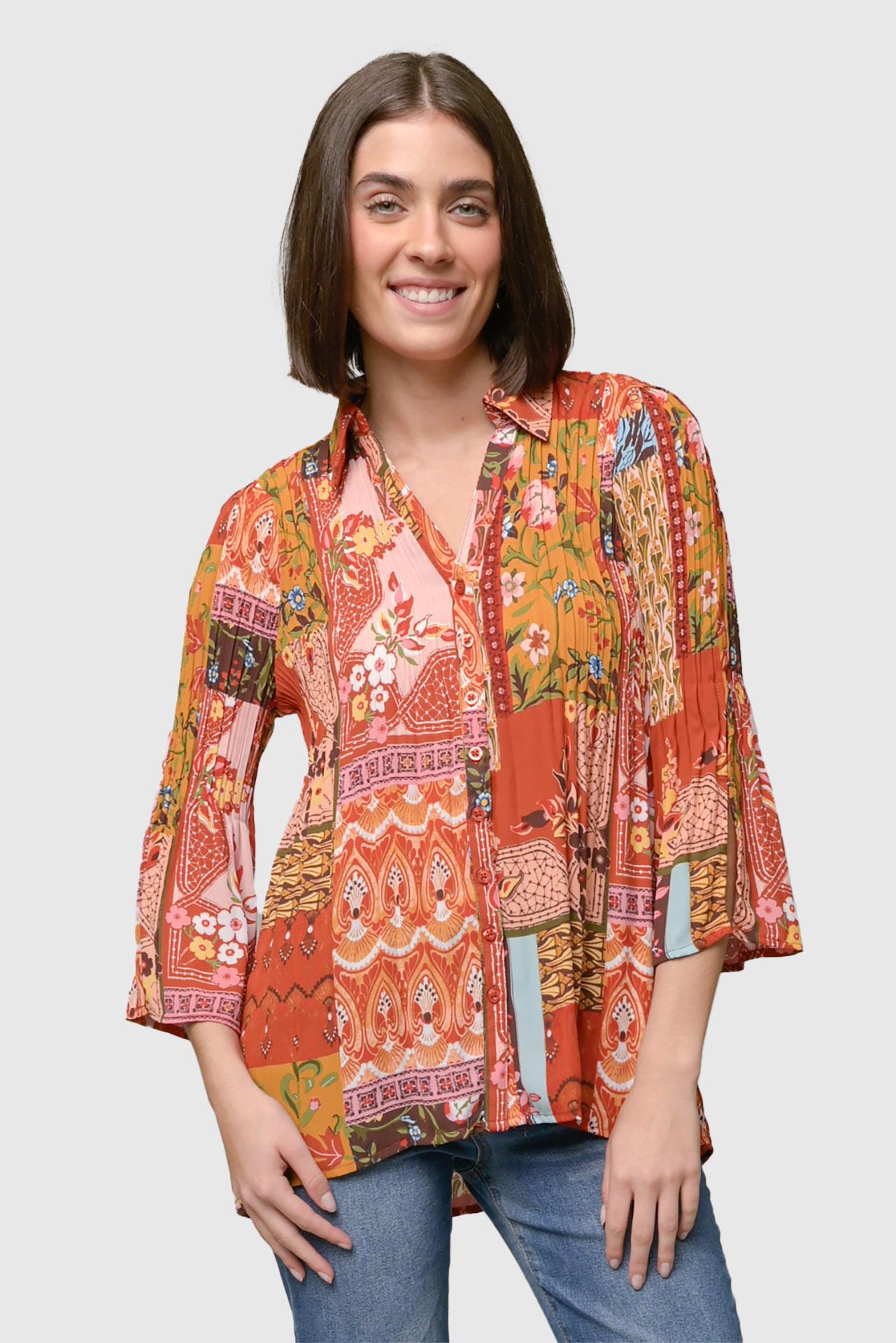 Georgette Button Front Bell Sleeve Blouse