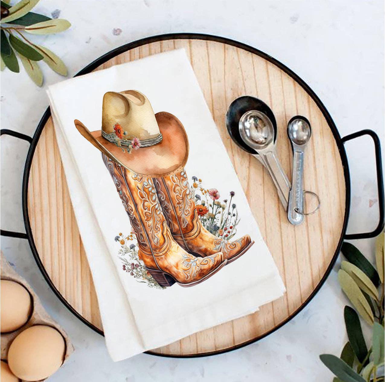 Western Cowboy Boots Country Flowers Tea Towel