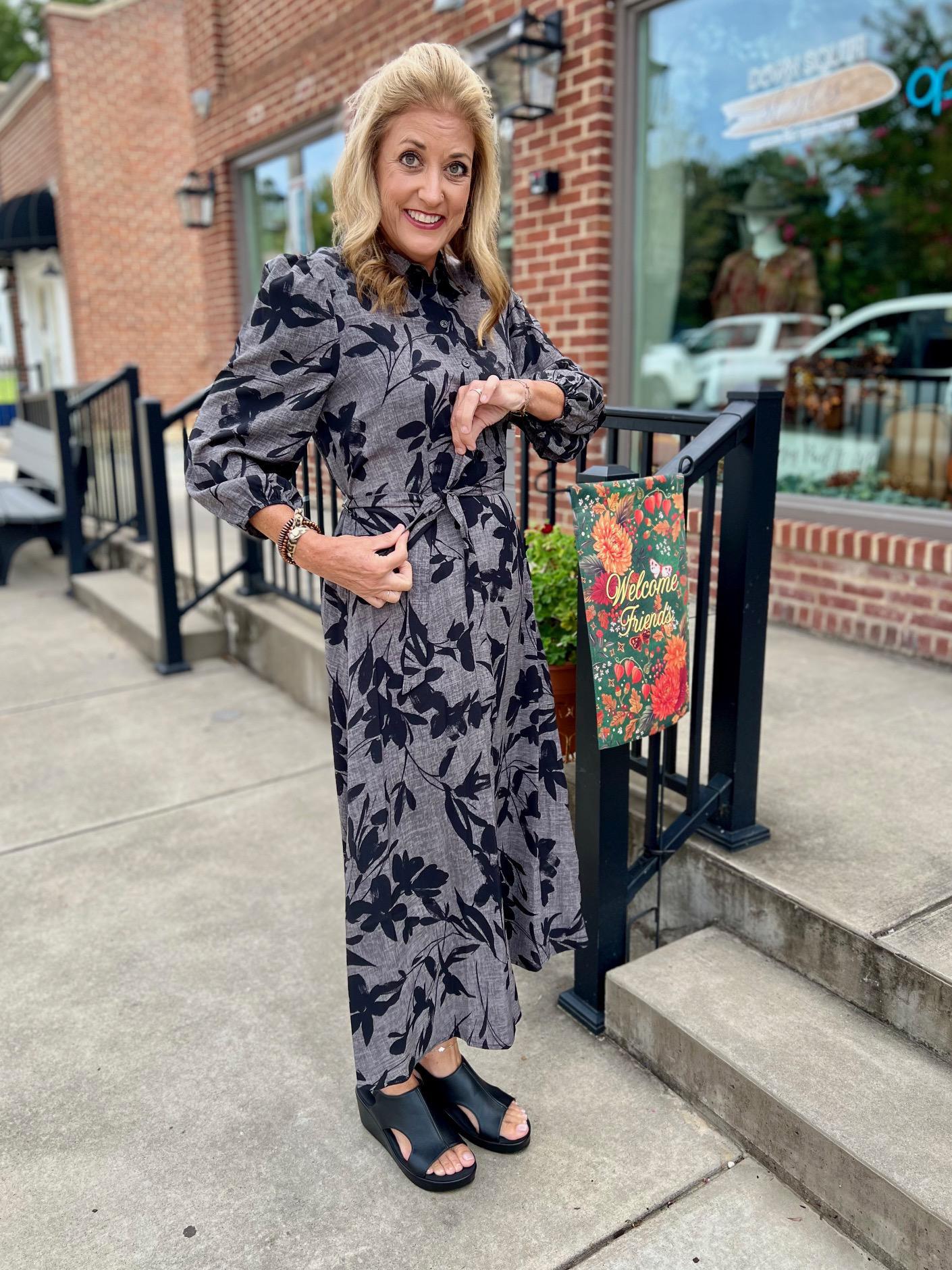 Black & Gray Floral Puff Sleeve Maxi Dress