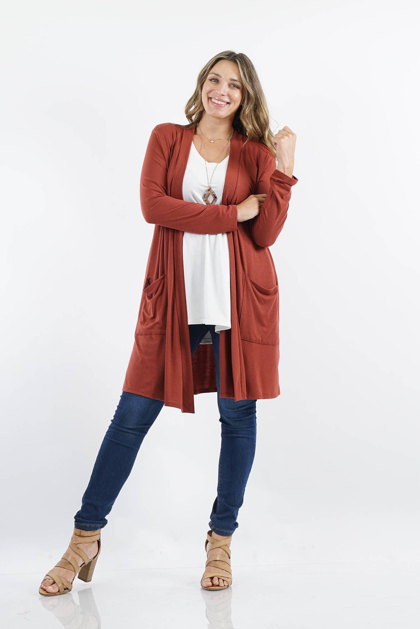 ZENANA Plus Knee Length Slouchy Pocket Open Cardigan