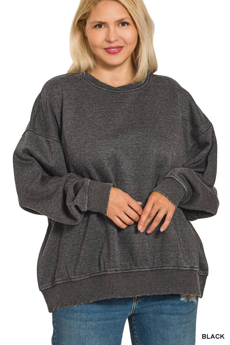 ZENANA Plus Acid Wash Oversized Fleece Pullover