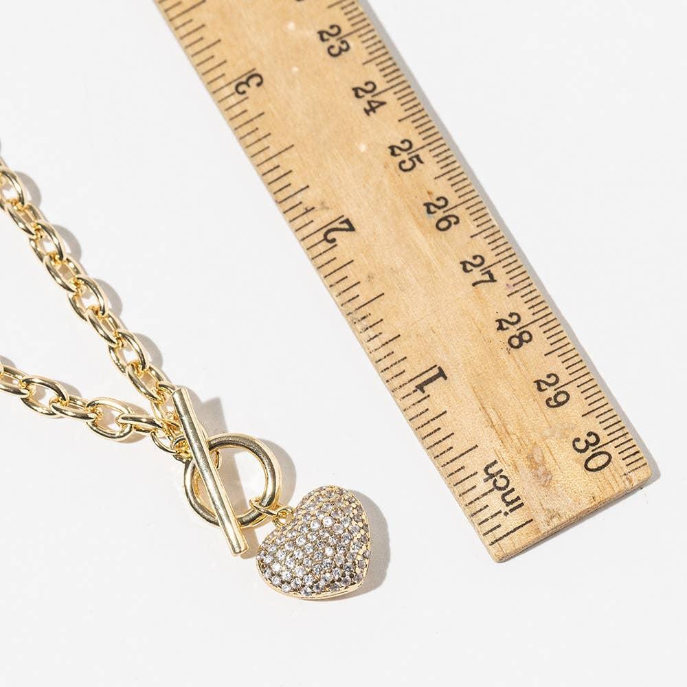 Gold Dipped Chunky Chain CZ Stone Paved Puff Heart Toggle Pendant Necklace